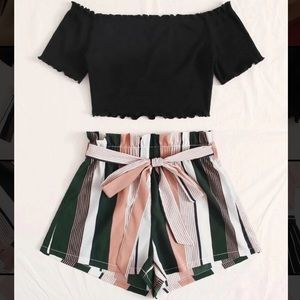 Paperbag waist striped shorts & Tee set